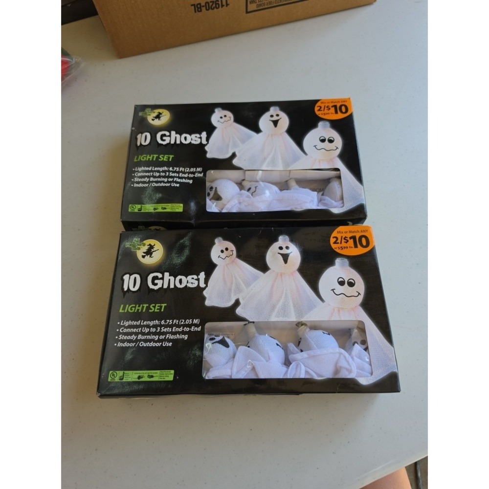 Lot Of 2 Sets All Hallow's Eve 10 White Ghost String Light Set Plug In NIB Rare